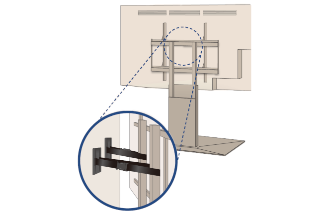 back side of floor TV stand with safety strap with gel pads 